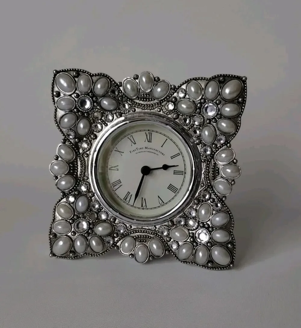 FirsTime Manufactory Tabletop Metal Ornate Jeweled Battery Operated Clock 6x6
